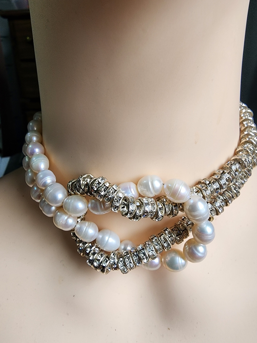 Fashion Jewelry White Pearl and Gold Crystal Multi-Strand Choker Art Deco Style